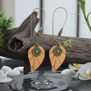 🆕️Rustic Boho Chic Wooden Leaf Earrings with Copper Beads & Turquoise Charm